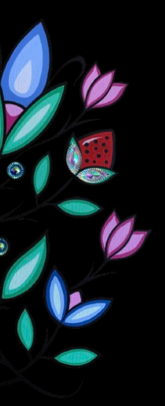 Colorful digital illustration of flowers, leaves, a butterfly, and a ladybug on a black background.