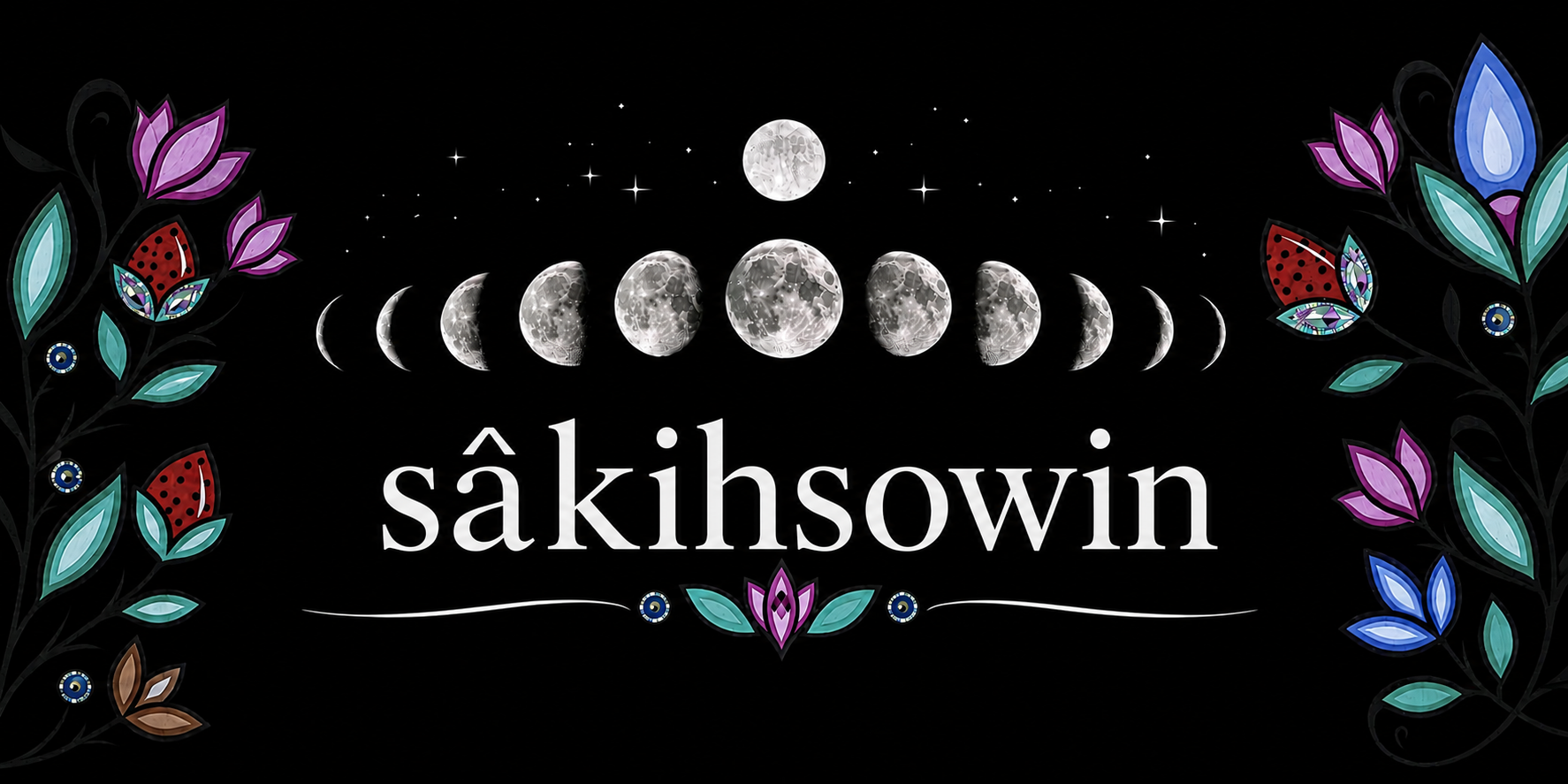 Night sky with moon phases and stars, surrounded by colorful ornamental floral designs, with the text 'sākihsowin' beneath.