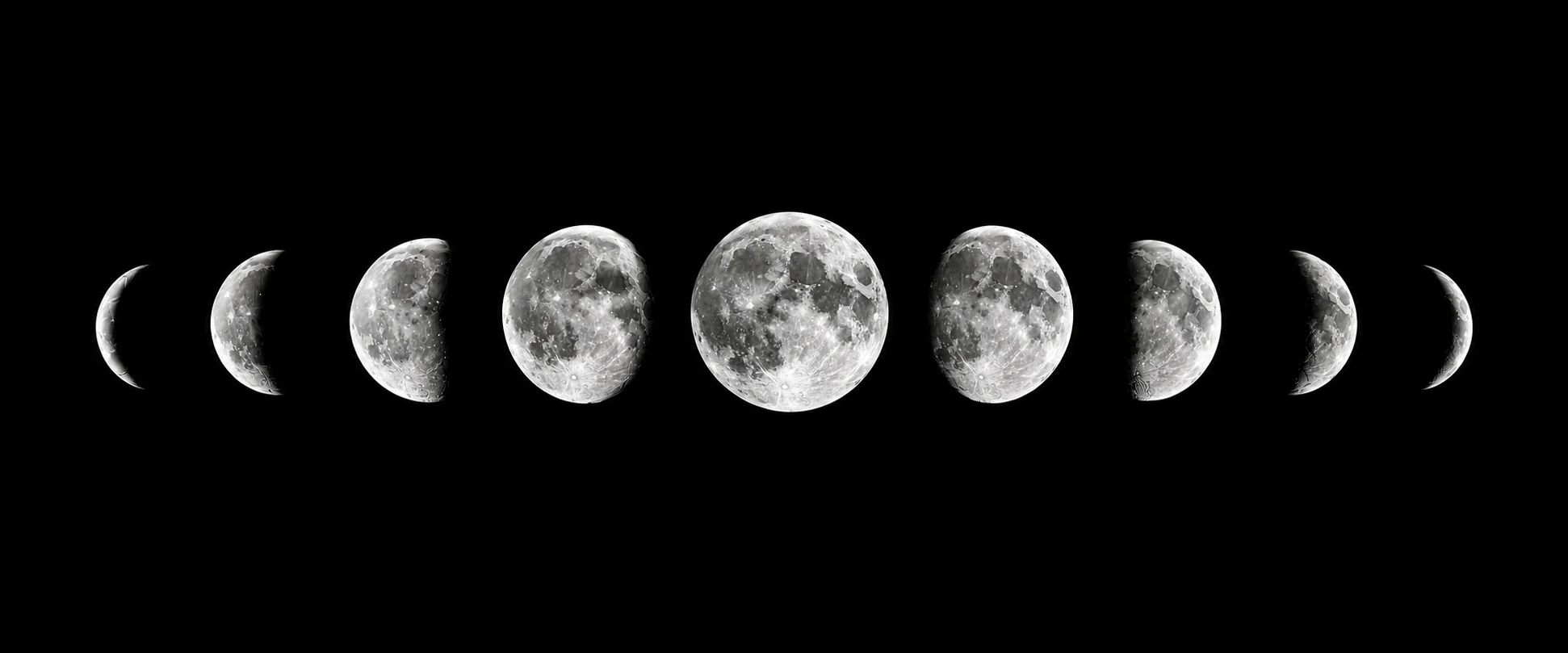 Sequence of moon phases from new moon to full moon and back in black and white.