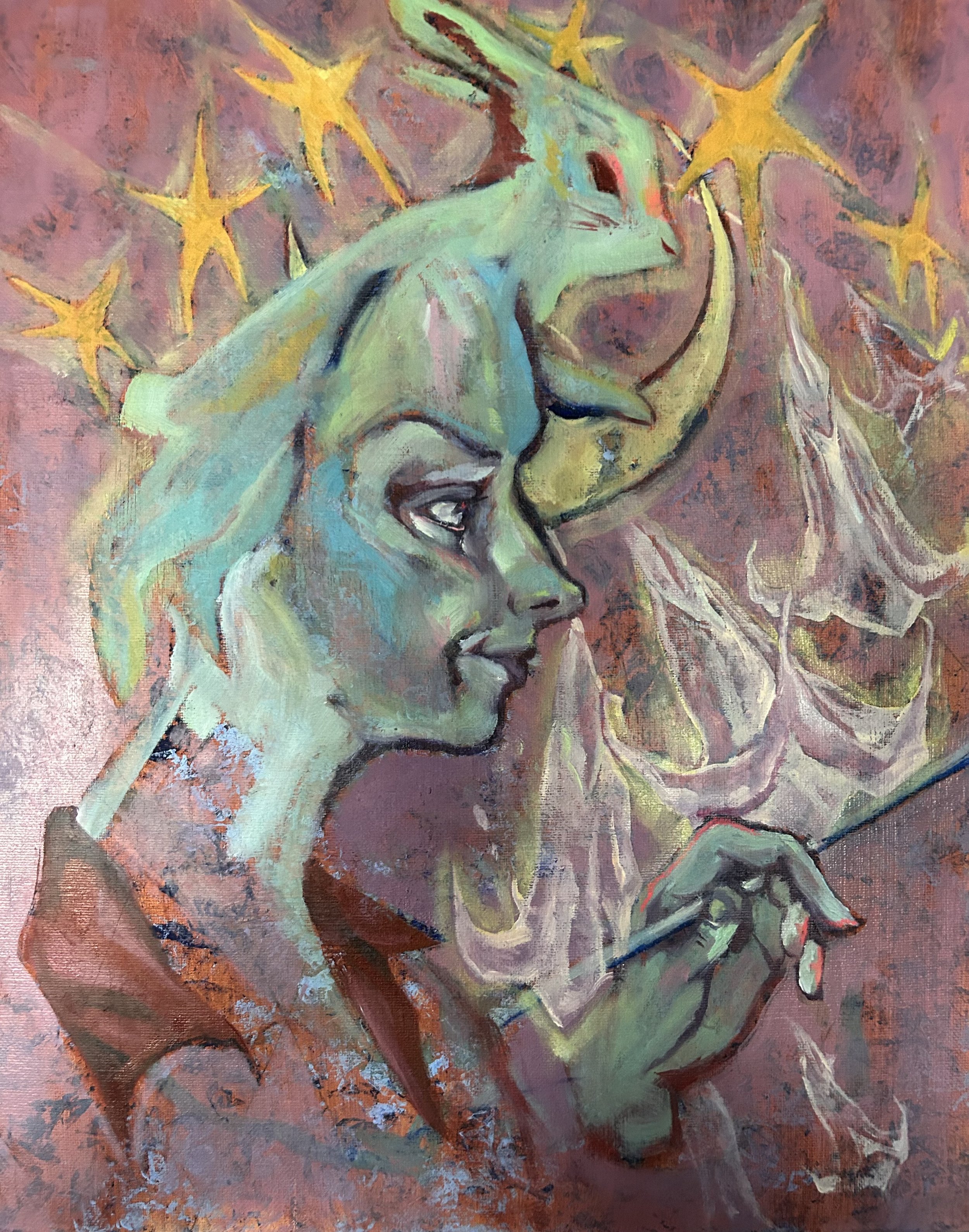 Over the Moon, 
Acrylic and oil on canvas 24 x 16", 2024