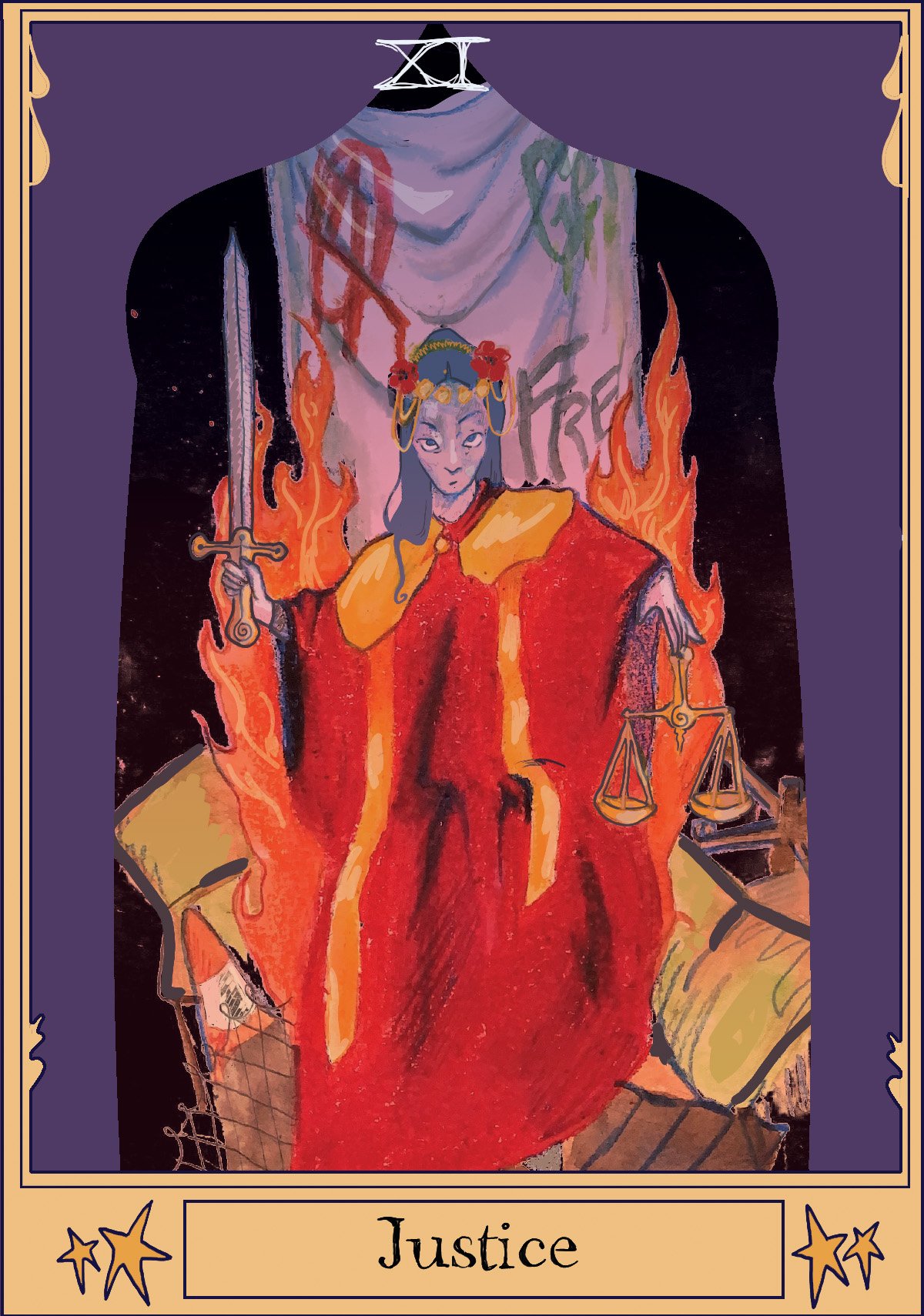 Justice, collage, oil pastel, digital , 2024