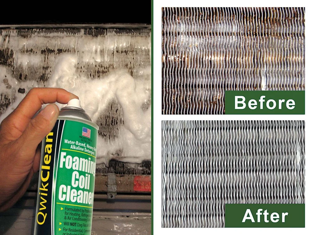 Before and after coil cleaning result using QwikClean foaming coil cleaner