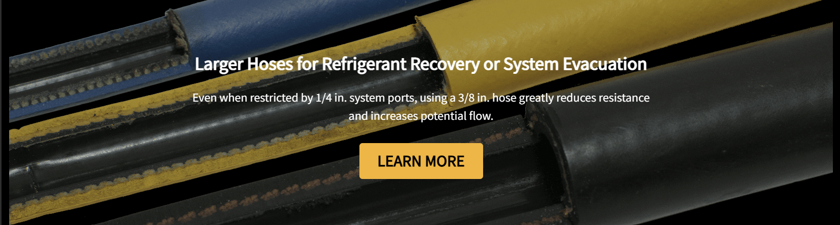 Close-up of large hoses used for refrigerant recovery or system evacuation, with text overlay describing their benefits.