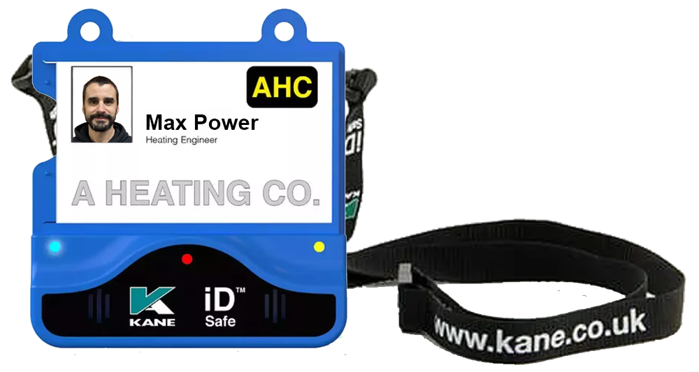 KANE78 carbon monoxide alarm and ID card holder front view with lanyard