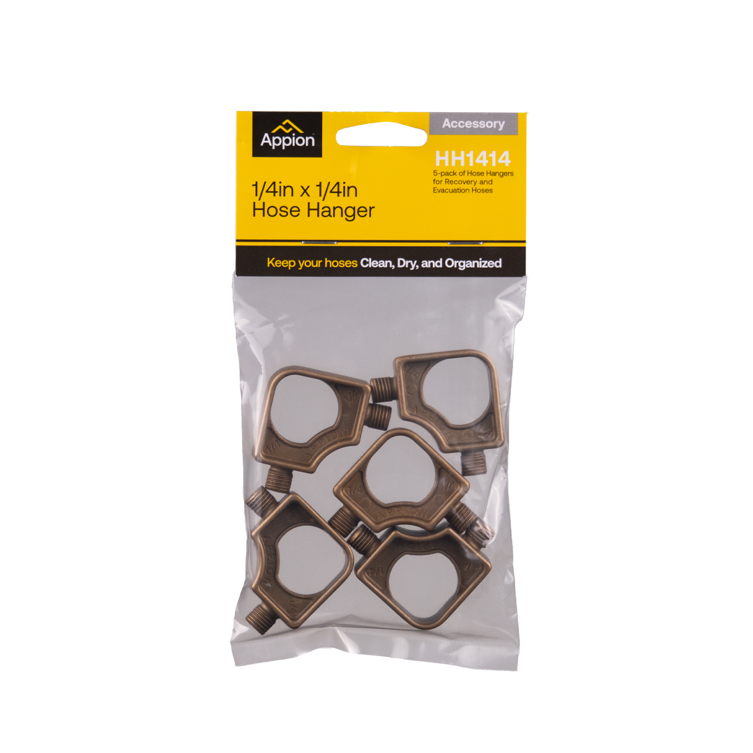 Pack of five bronze-colored 1/4 inch by 1/4 inch hose hangers in clear plastic packaging with yellow and gray cardboard backing, labeled for recovery and evacuation hoses.