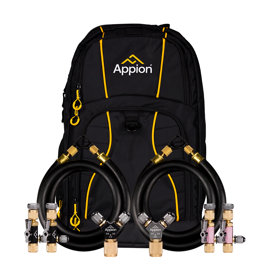 A black backpack with yellow accents and the brand name 'Appion' on the front. In front of the backpack are two coiled hoses with brass fittings, and four hydraulic fittings with some color-coded parts.