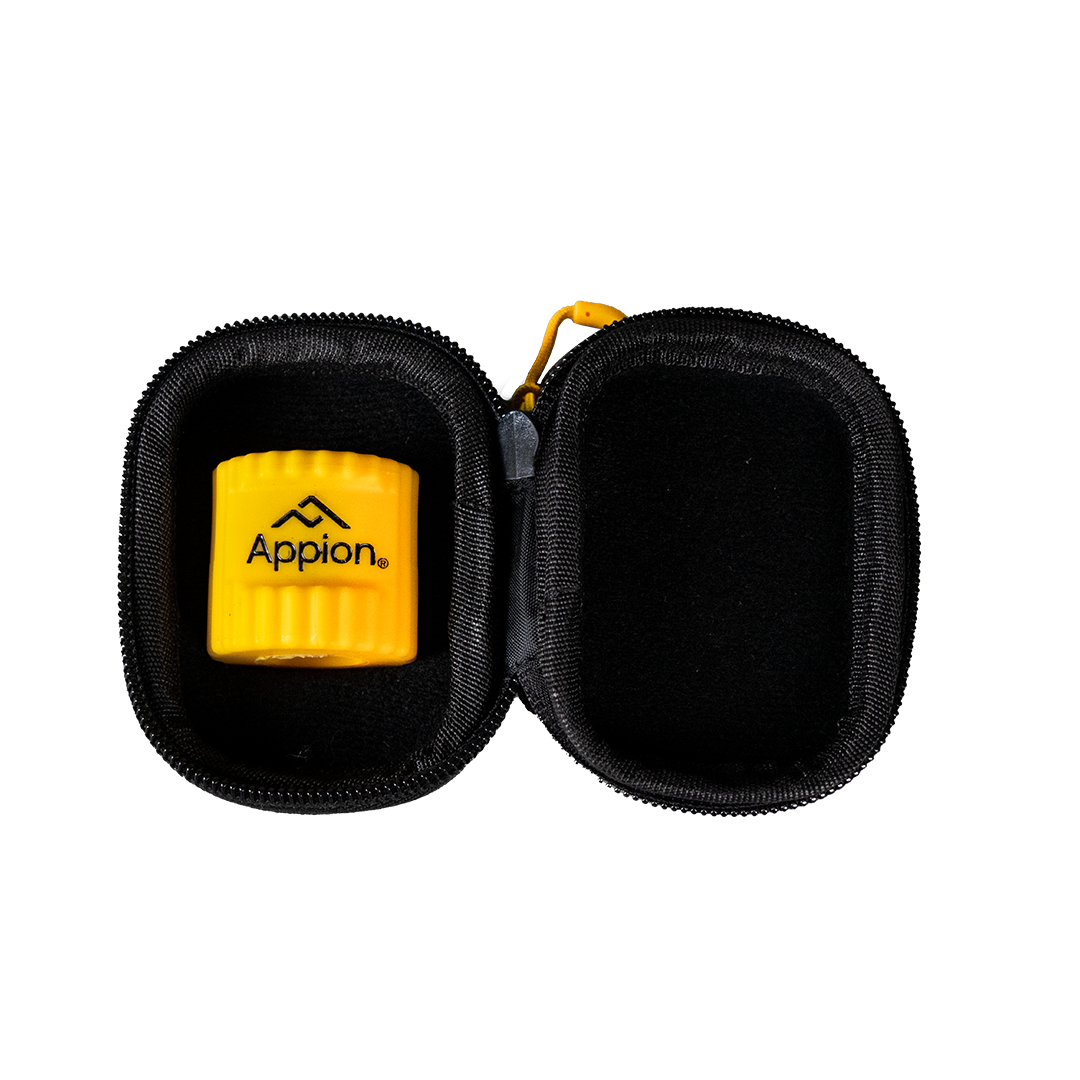 Open black carrying case with yellow object inside, labeled 'Appion'.