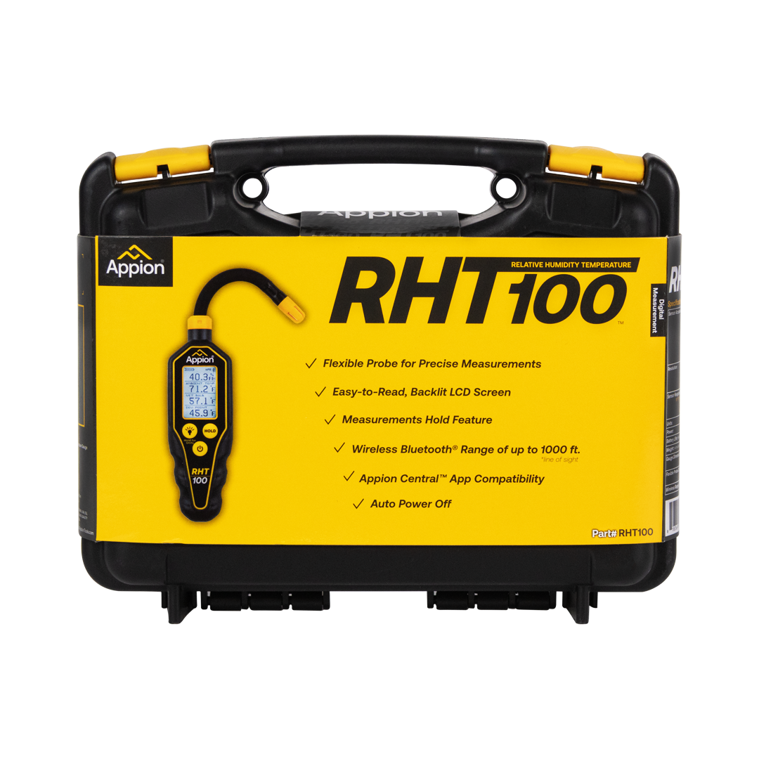 Yellow and black box labeled 'RHT 100' containing a digital device with a probe for measuring humidity and temperature.