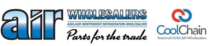 Logo of Air Wholesalers, an Adelaide-based refrigeration parts company, alongside Cool Chain branding for HVAC and R wholesale distribution.