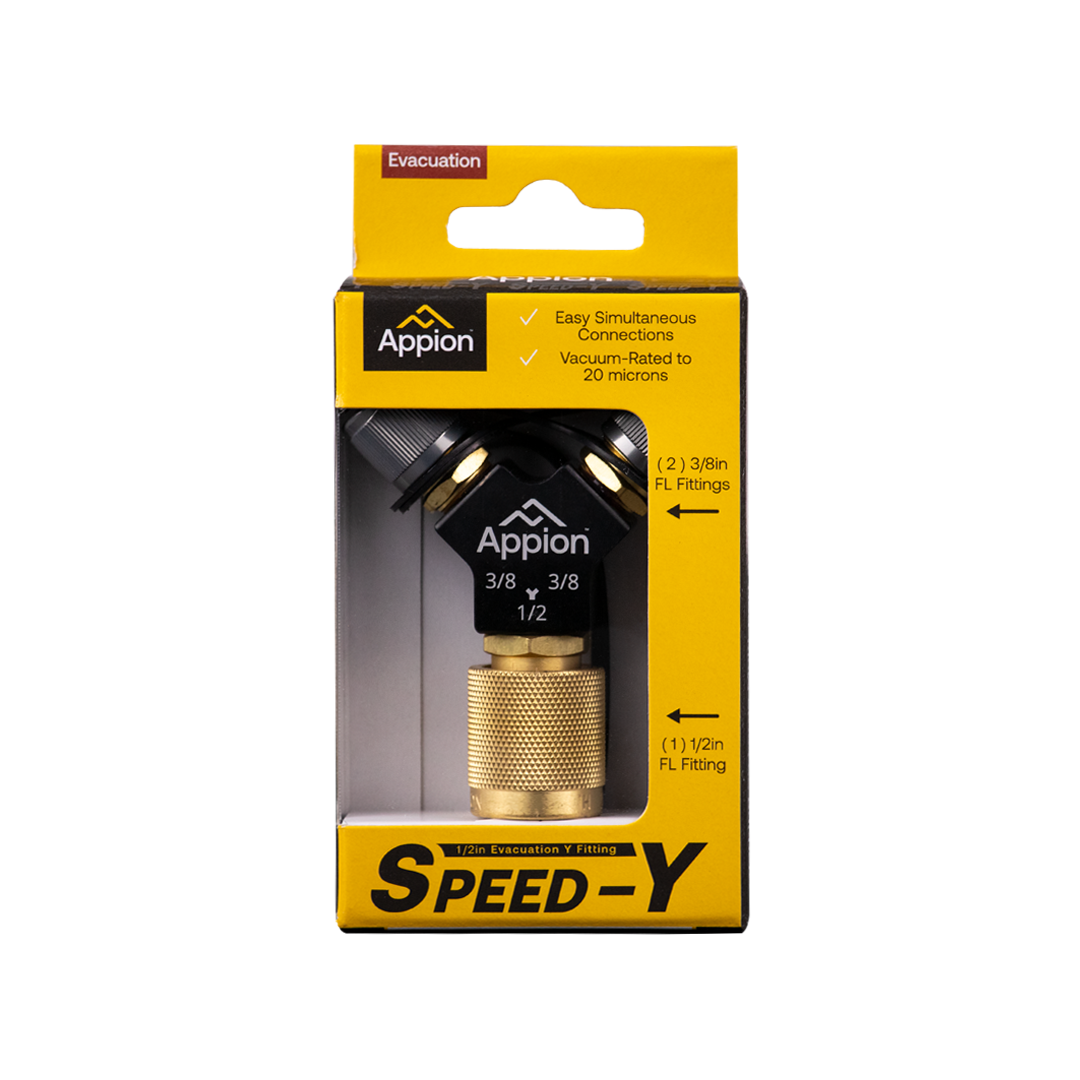 Packaging of an Appion Speed-Y evacuation y fitting with black and yellow labeling, including brass fittings and a textured brass valve, titled for emergency evacuation purposes.