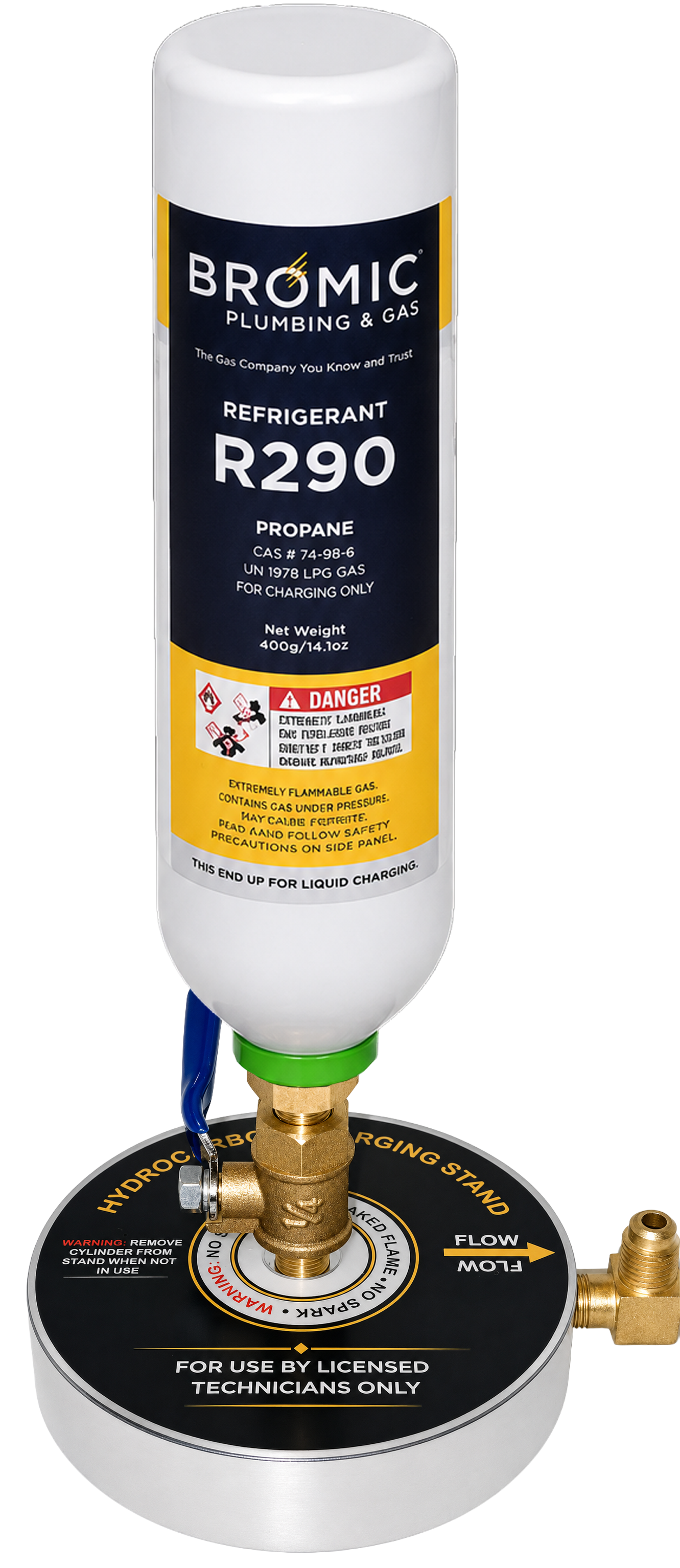 CWG Hydrocarbon Charging Stand supporting an inverted R290 hydrocarbon refrigerant cylinder