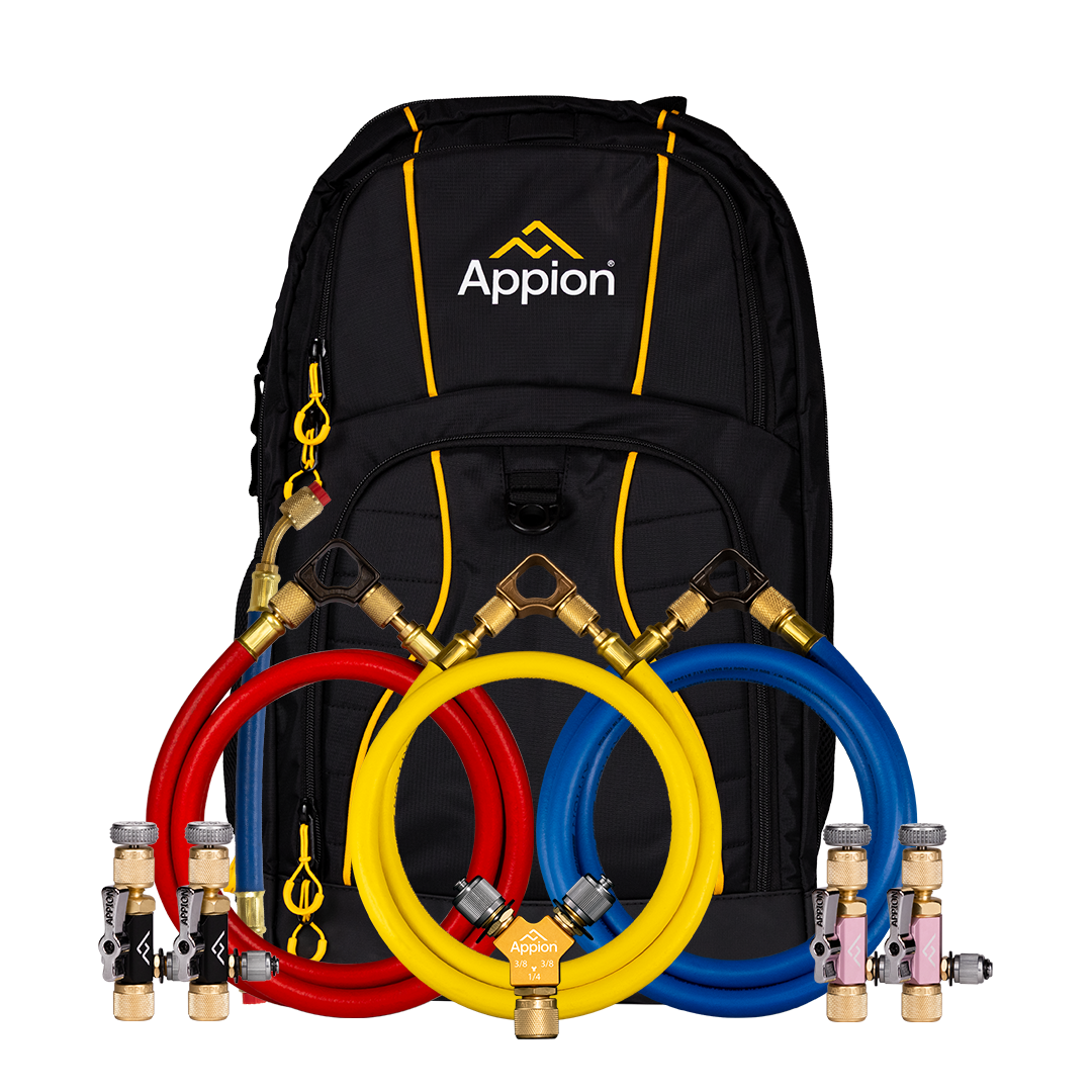 Black backpack with yellow accents and the brand name 'Appion' on it, surrounded by three colored hoses (red, yellow, blue) with brass fittings and gauges.