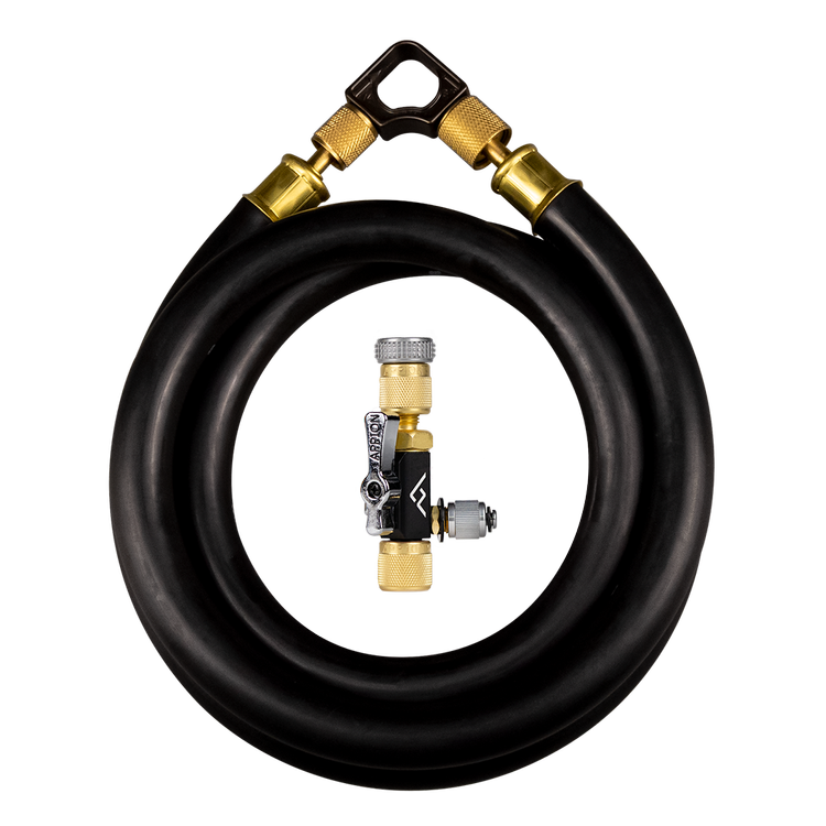 A coiled black hose with brass fittings and a pressure regulator against a dark background.