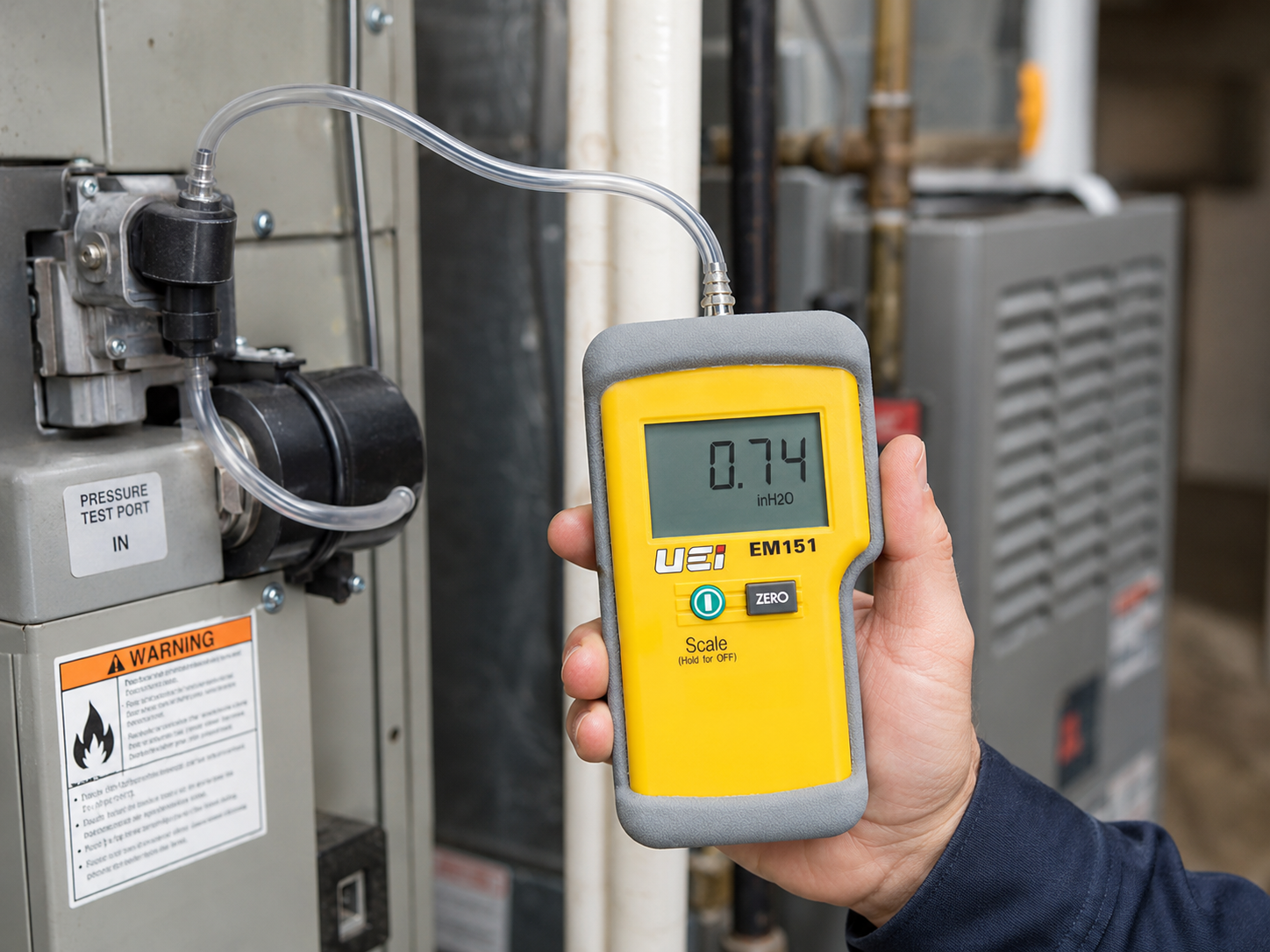 UEI EM151 electronic manometer being used for gas pressure testing