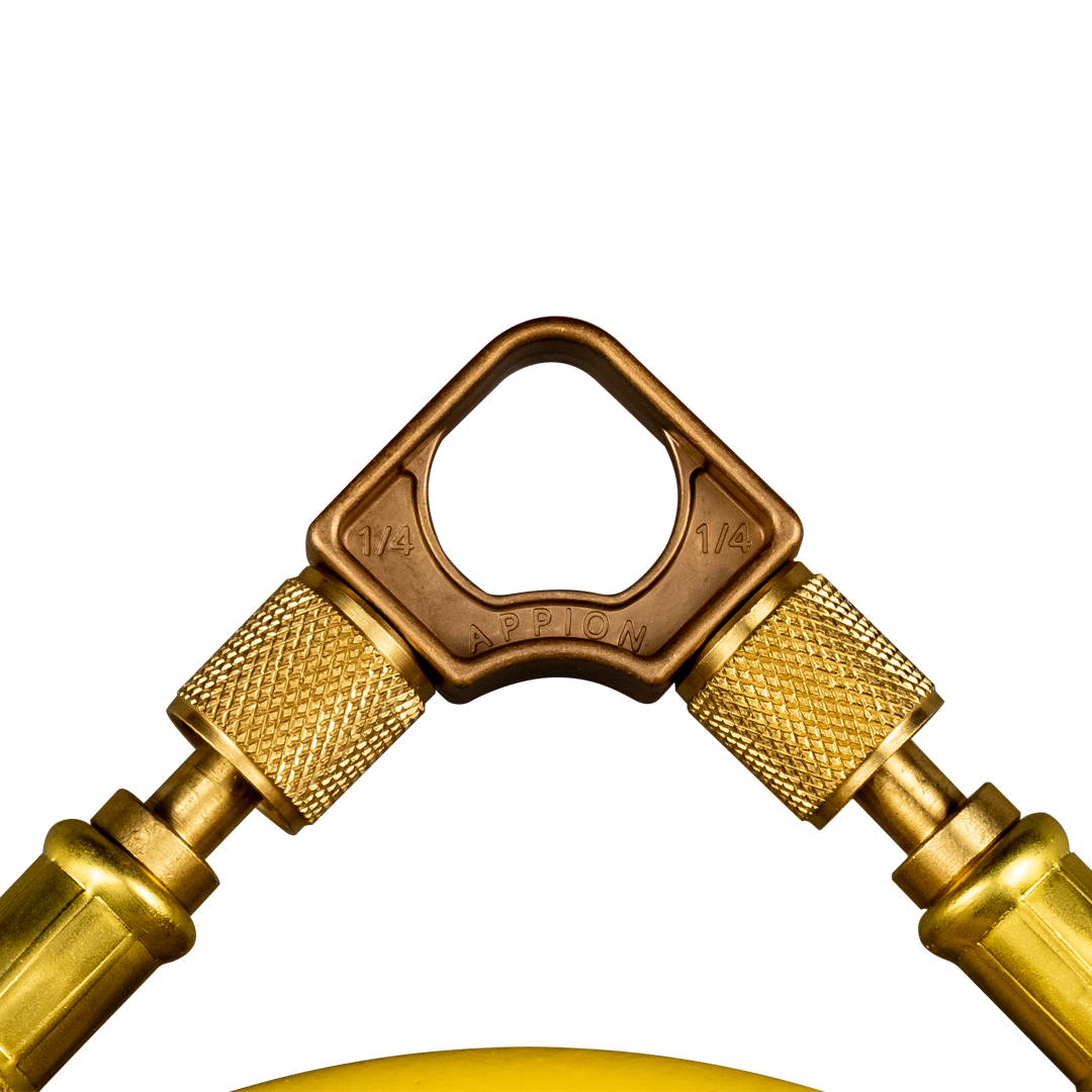 A close-up of a golden pipe wrench with a copper fitting labeled 'APPION' and '1/4' on a black background.