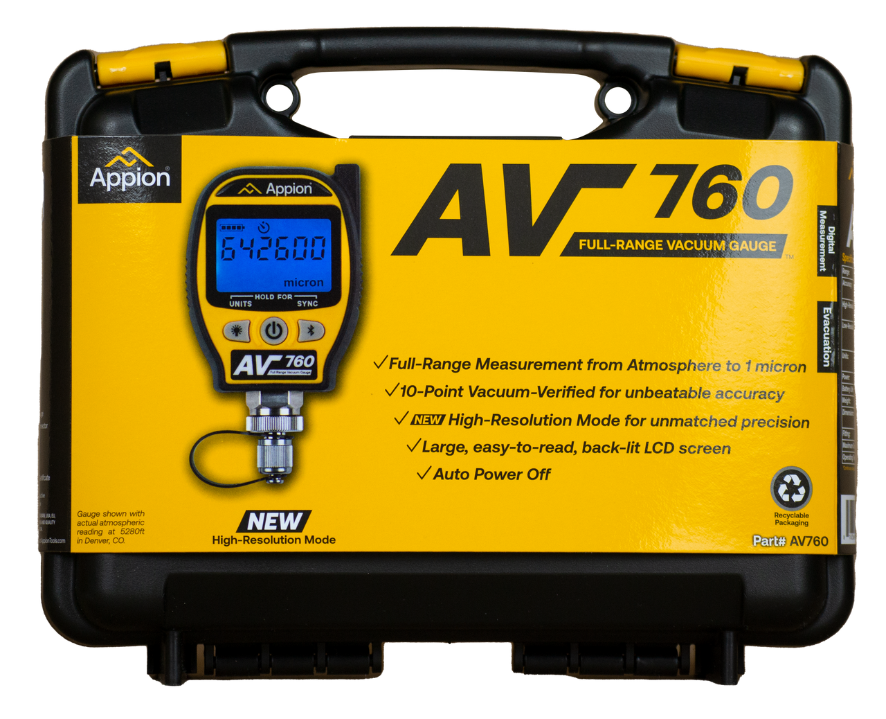 Yellow and black vacuum gauge case with a digital display and control buttons, labeled AV760, for measuring pressure in microns.