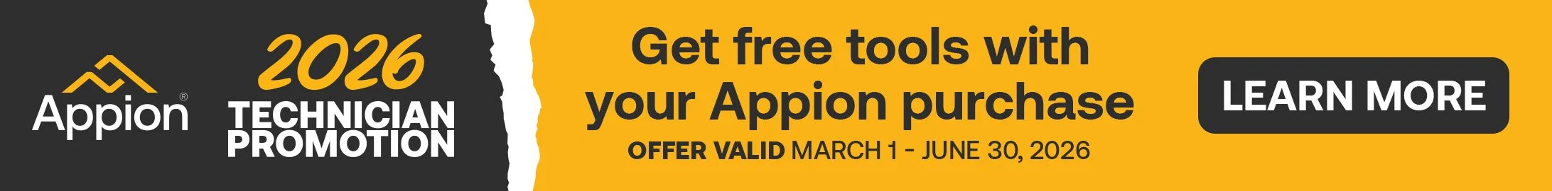 Advertisement for Appion's 2026 Technician Promotion offering free tools with purchase, valid from March 1 to June 30, 2026.