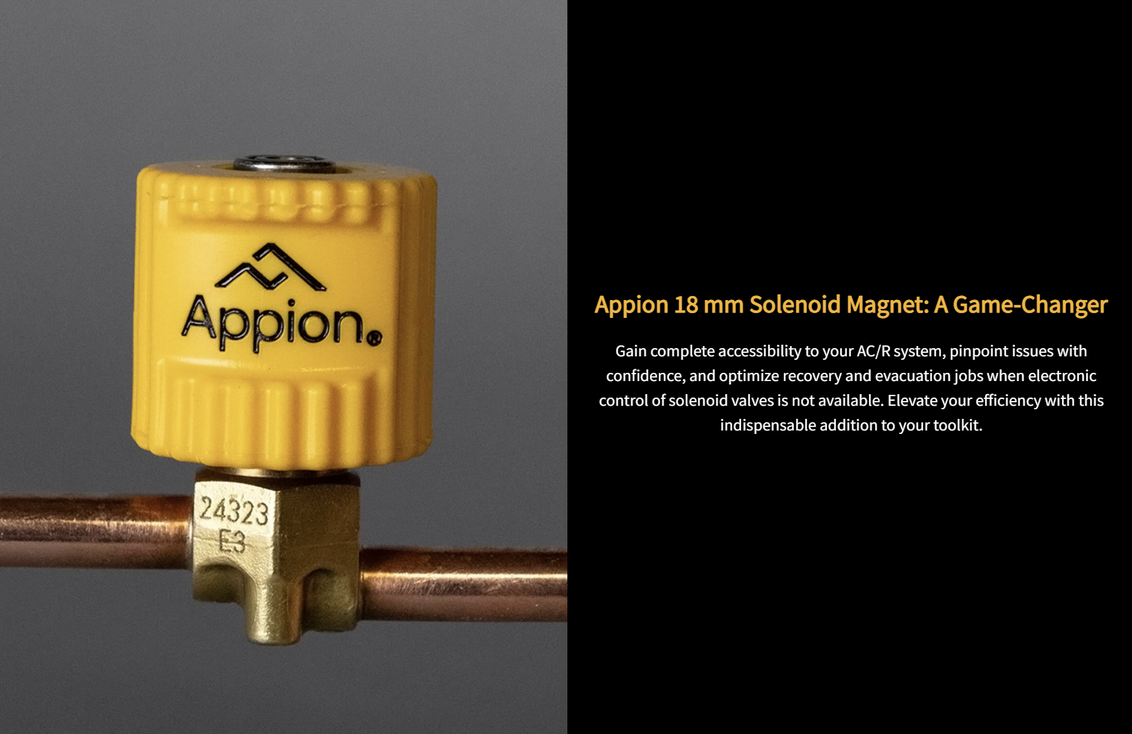 A yellow Appion 18 mm solenoid magnet mounted on a metal pipe, with the appion logo visible, and a description next to it describing its features and benefits.