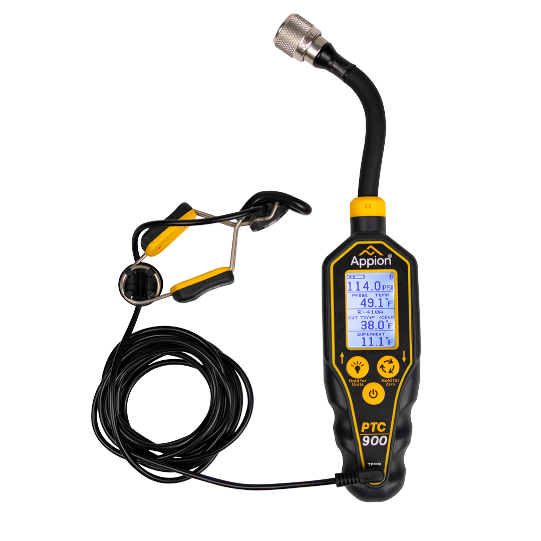 Digital refrigeration or HVAC thermostat attached to a flexible probe with a coiled wire, yellow and black body with a digital display showing temperature and pressure readings.