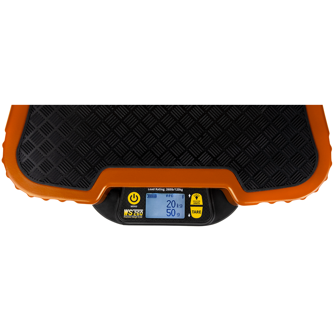 Digital weighing scale with a black textured platform and a bright orange border, displaying a weight of 20 kilograms with additional details and buttons visible.