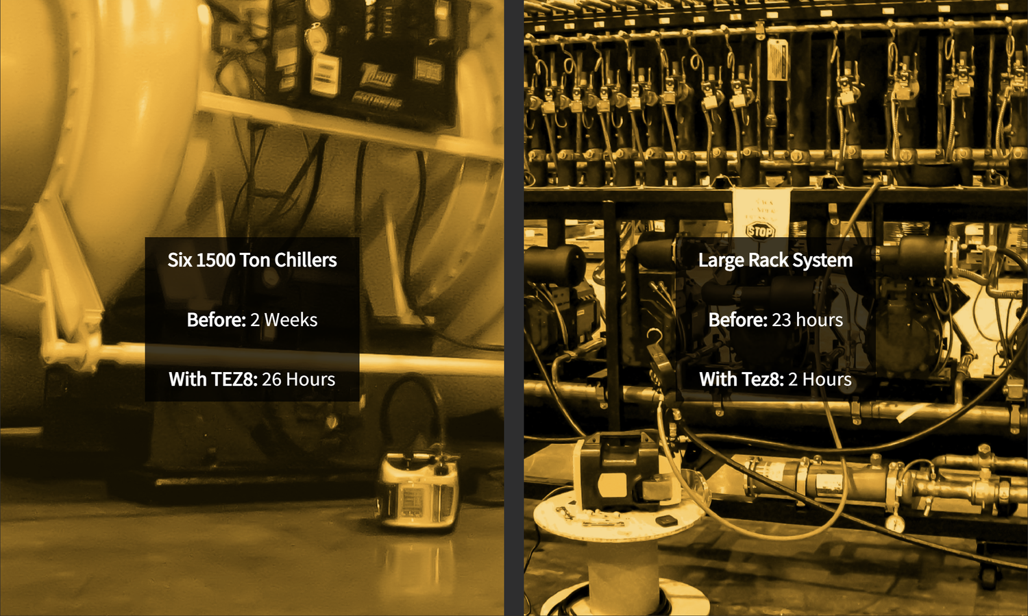 TEZ8 evacuation performance comparison showing faster evacuation on large AC/R work