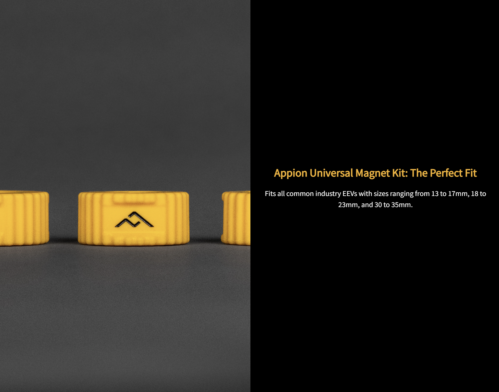 Three yellow cylindrical magnets with a black logo on them, positioned on a gray surface against a gray background, with a black section on the right containing white and yellow text about the Appion Universal Magnet Kit.
