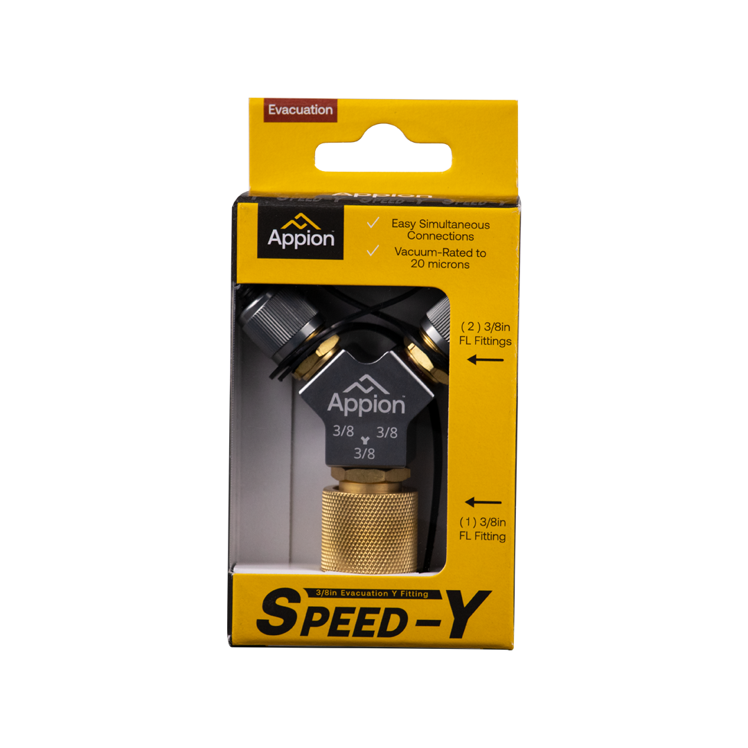 Yellow and black packaging for an Appion Speed-Y evacuation Y fitting with vacuum-rated fittings and easy connections.