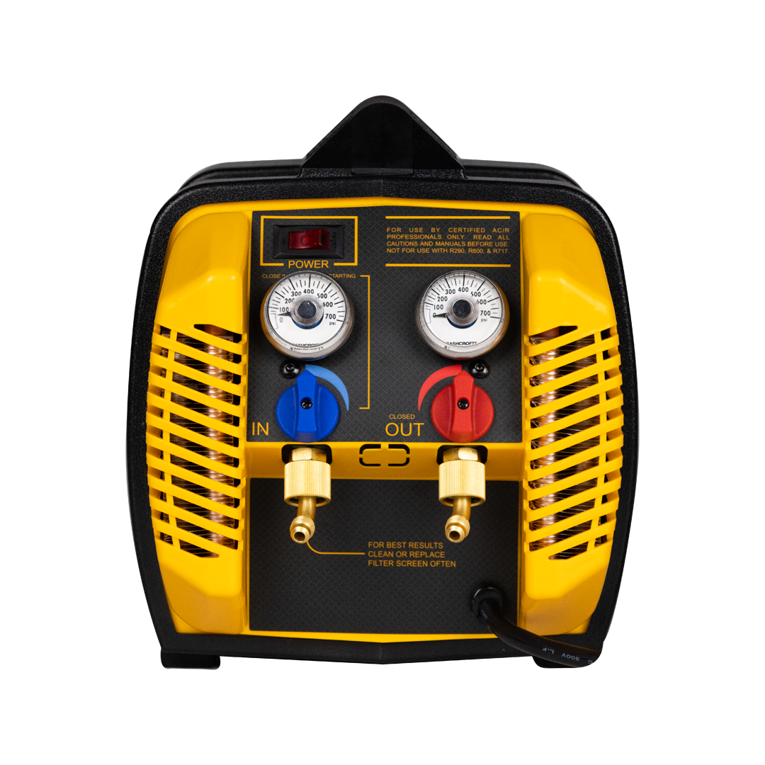 A portable welding machine with black, yellow, blue, and red components, including gauges, knobs, switches, and connection ports, used for welding tasks.