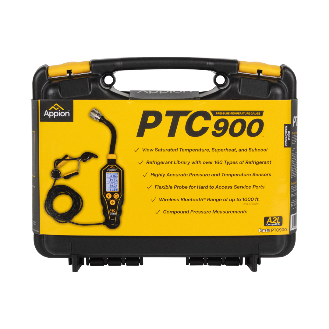 Black and yellow portable PTC 900 pressure-temperature gauge kit with digital display and flexible probe, branded Appion.