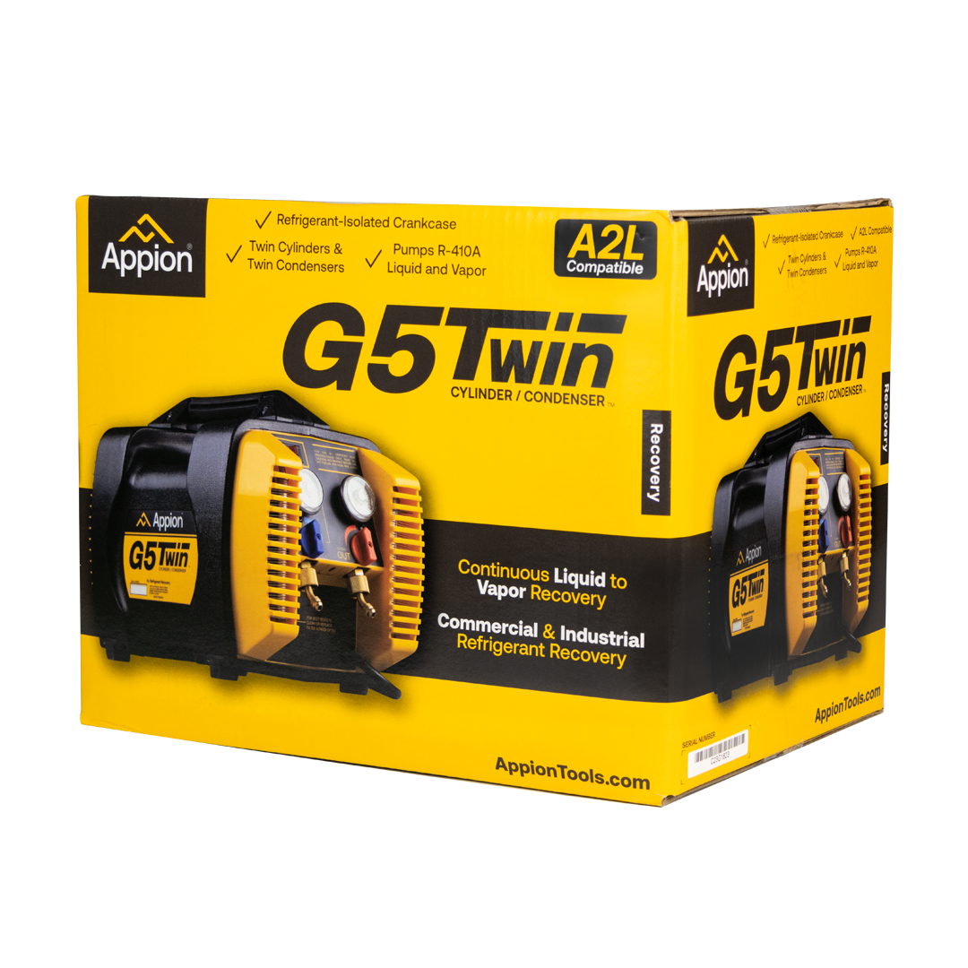 Yellow and black box packaging for an Appion G5 Twin refrigeration recovery machine showing an image of the device and text highlighting its features and compatibility.