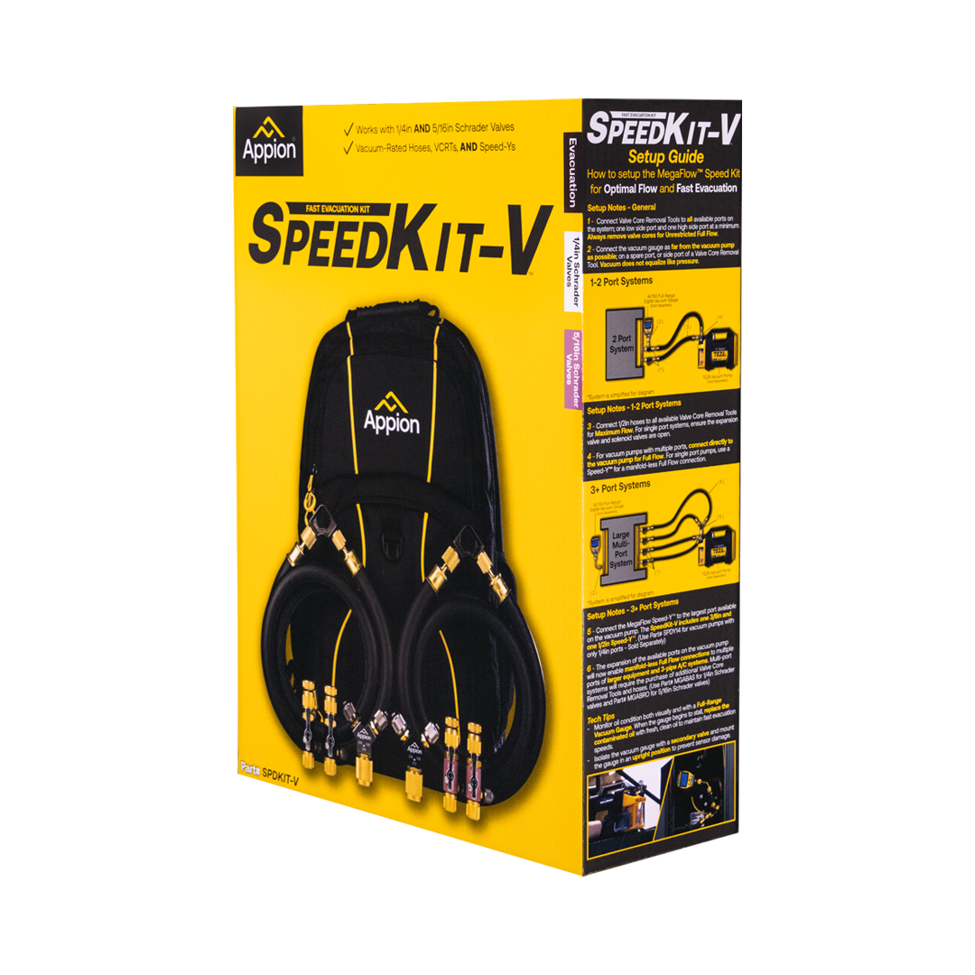 Packaging box for Appion Speed Kit-V, a fast evacuation kit including hoses and valves for vehicle cooling system services, with setup instructions and diagrams on the side.