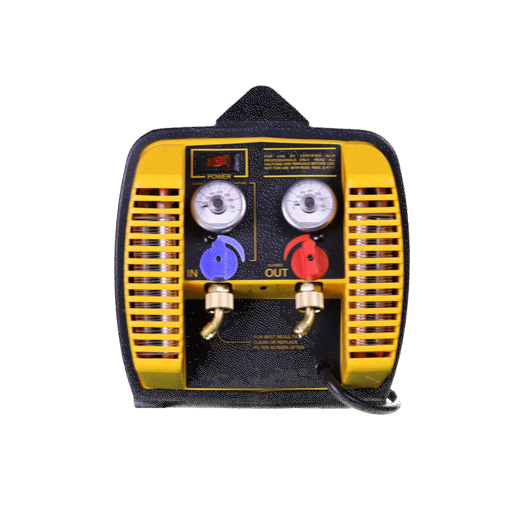 A portable arc welder with black and yellow casing, featuring two dials labeled 'IN' and 'OUT' with color-coded handles, and a power button at the top left.