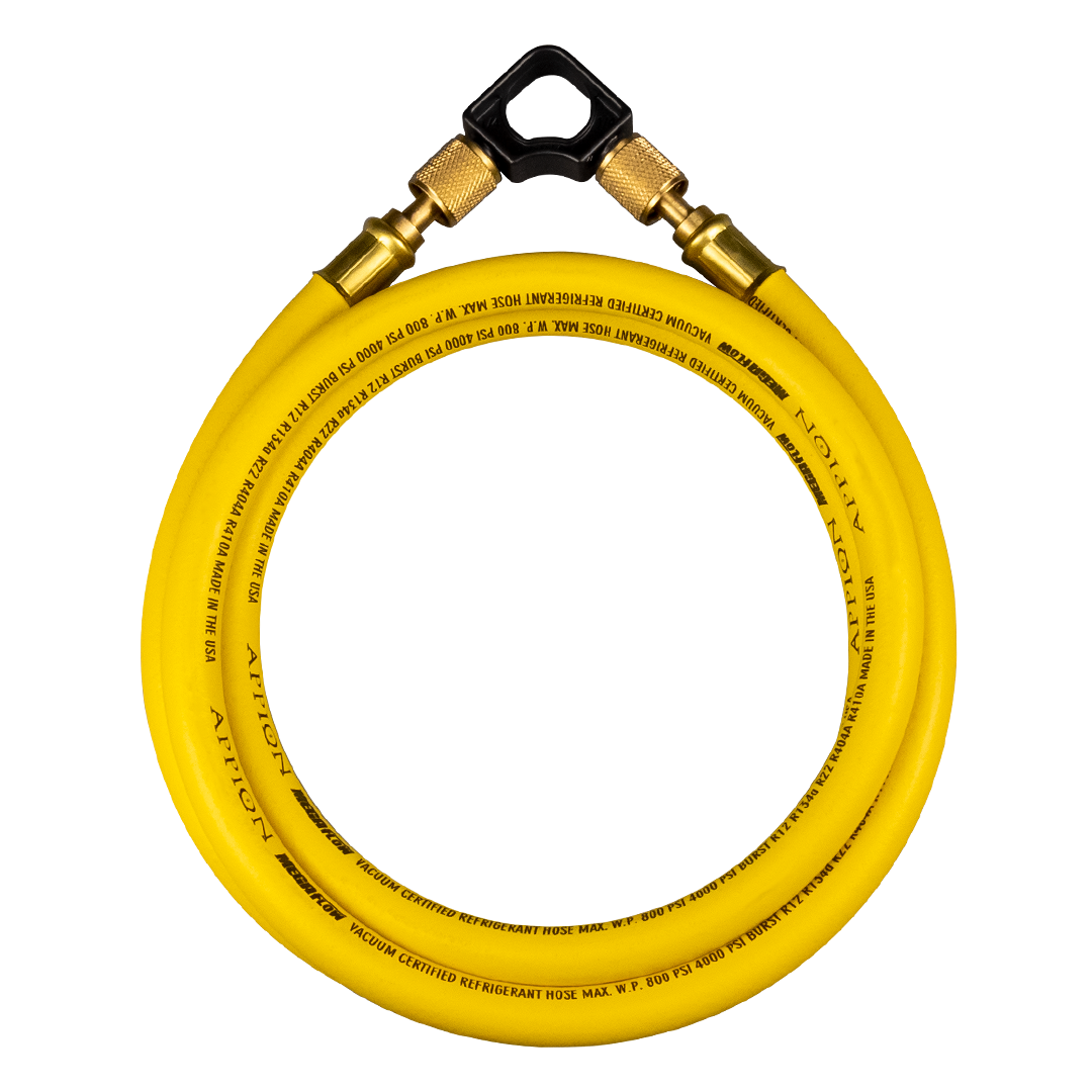A yellow refrigeration hose coiled into a circle with black text on it, connected to a metal and black plastic valve fitting.