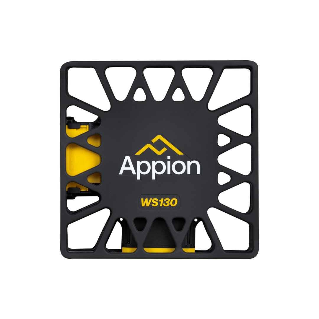 A black and yellow adjustable overhead ladder stabilizer with the brand name 'Appion' and model number 'WS130' on it, against a black background.