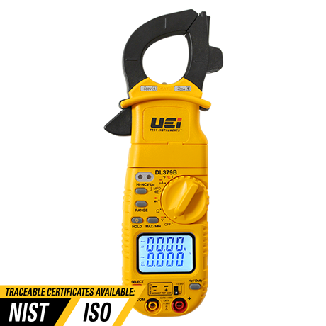 Yellow digital clamp meter with a display screen showing four zeroes, featuring control dials and connection ports, branded with 1 and model DL379B.