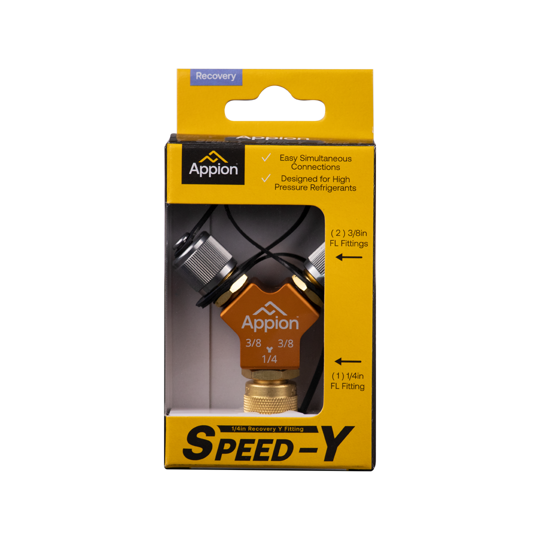 Packaging for an Appion Speed-Y recovery Y-fitting, with black and yellow design, showing two 3/8 inch fittings, a 1/4 inch fitting, and labels highlighting its features for high-pressure refrigerants and easy connections.