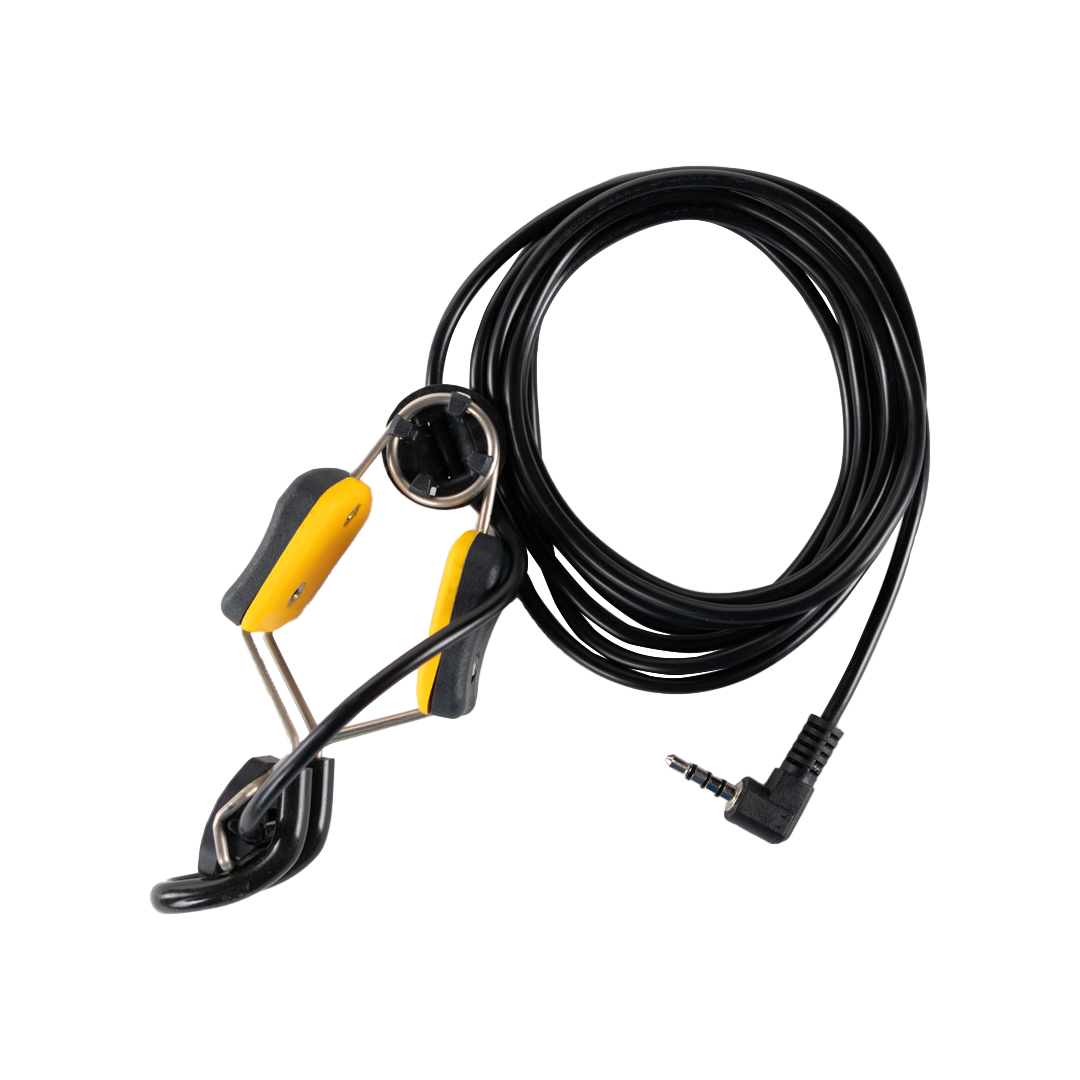 Electrical extension cord with a black cable, L-shaped plug, and a yellow and black plug cover.