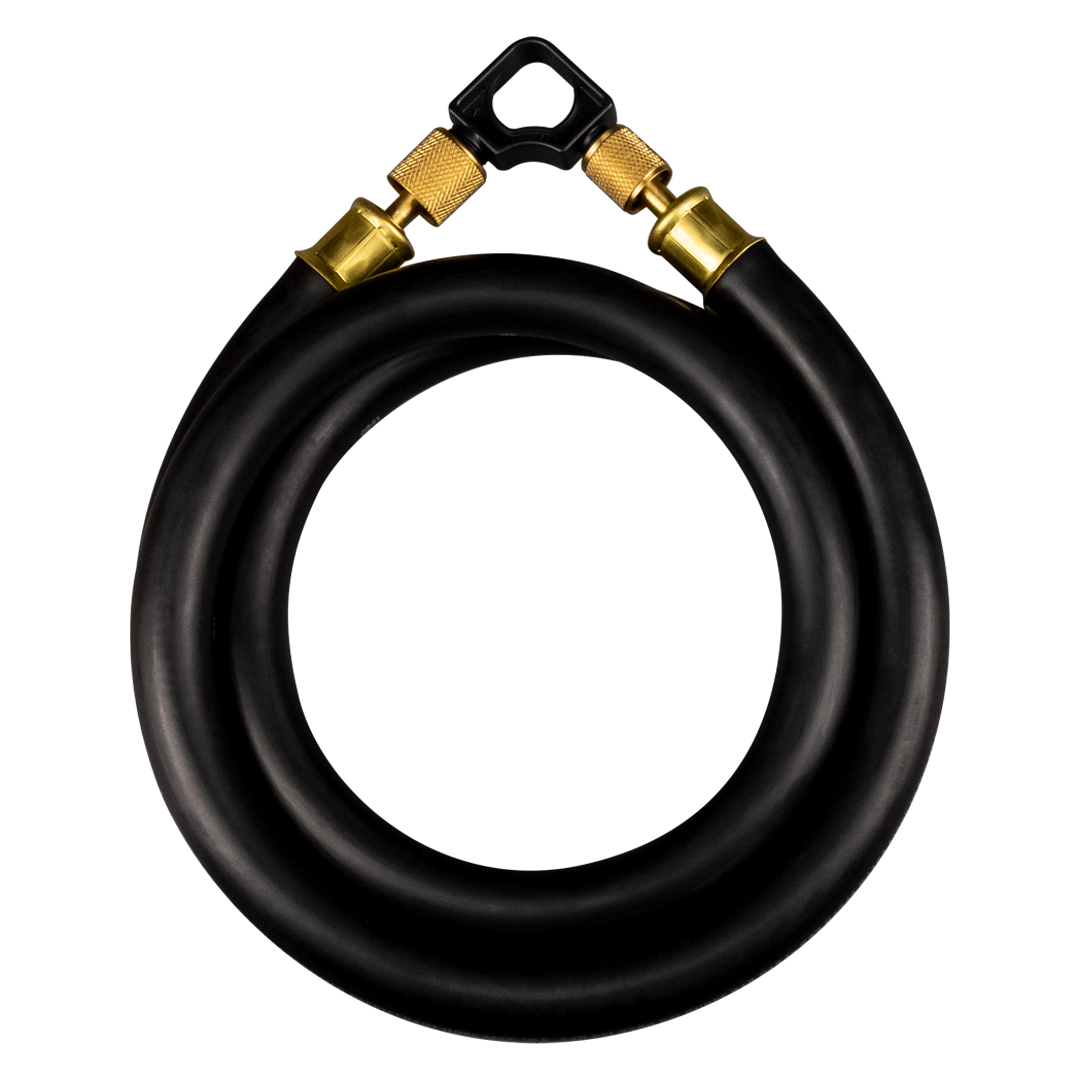 Coiled black hose with brass fittings and a black plastic connector