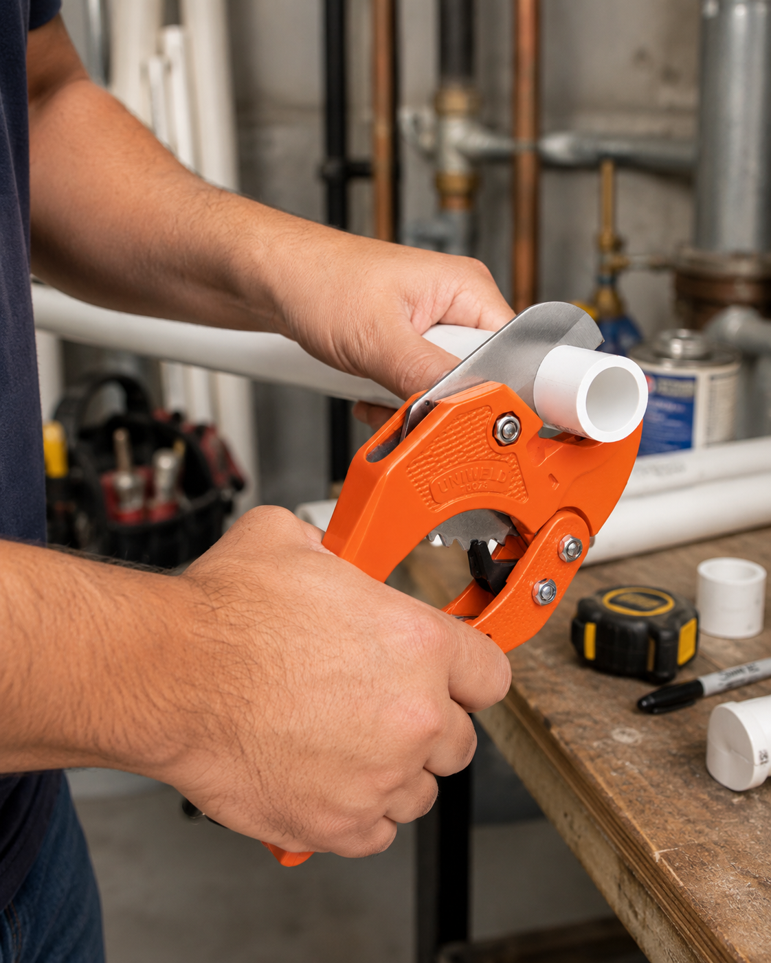 Uniweld PVC pipe cutter being used on white PVC pipe