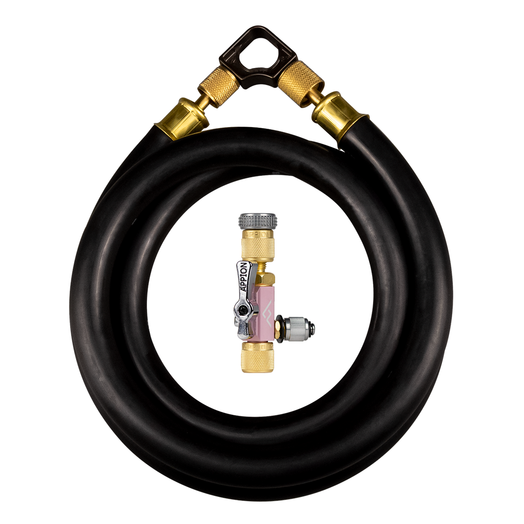 A coiled black hose with brass fittings and a metal valve, viewed from the front.