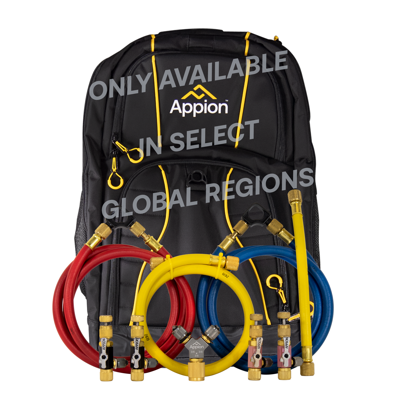 A black backpack with yellow and gray accents featuring the Appion logo. In front of the backpack are red, yellow, and blue refrigerant hoses with gauges and connectors, used for HVAC or refrigeration service.