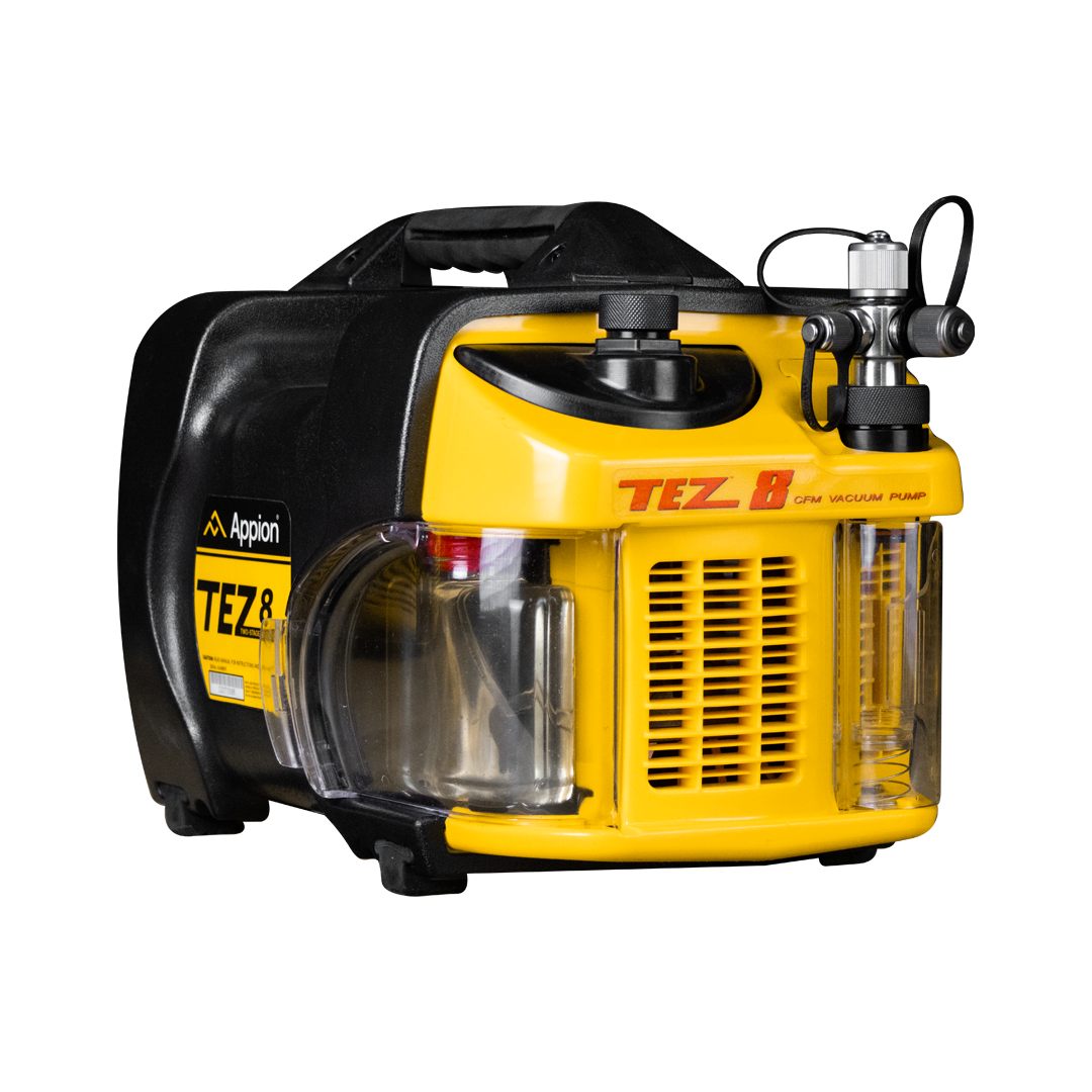 Yellow and black vacuum pump labeled 'TEZ 8' with clear plastic container, vent, and gauge, against black background.