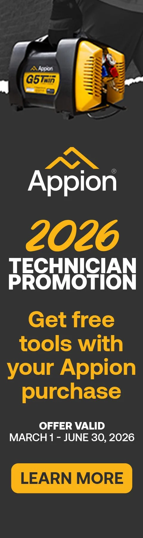 A promotional banner featuring a yellow and black portable heater, the Appion G5 Twin, with text advertising a 2026 technician promotion, free tools with Appion purchase, valid from March 1 to June 30, 2026, and a "Learn More" button.