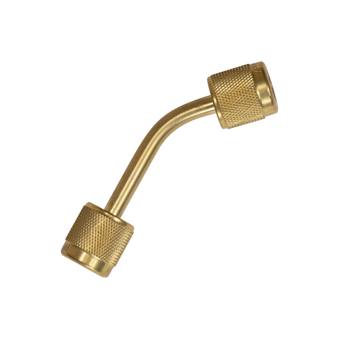 A gold-colored fitting with knurled ends at a 45 degree angle, labeled 'APPION,' against a black background.