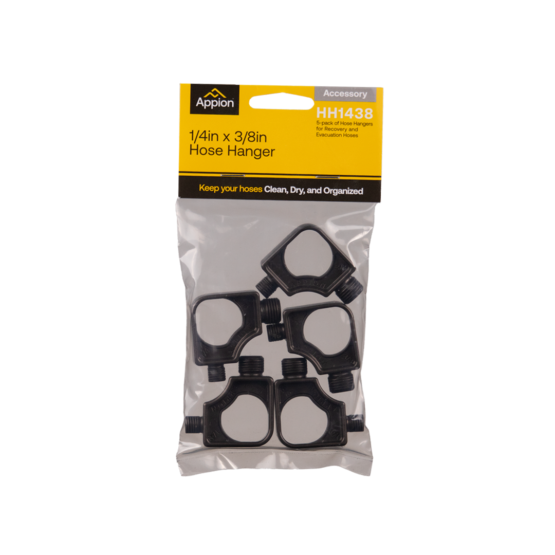 Pack of five black hose hangers in plastic packaging, labeled for use with recovery and evacuation hoses, from the brand Appion.