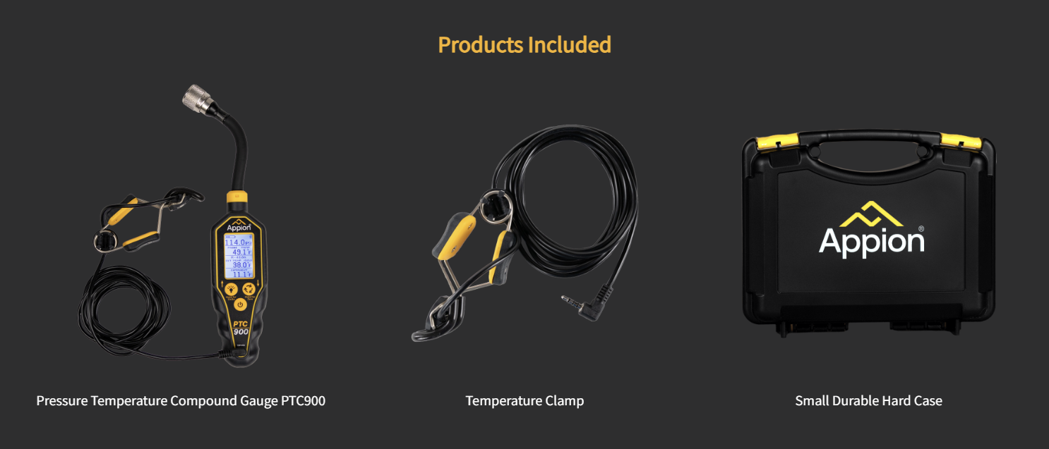 Image showing three appion products: pressure temperature compound gauge PTC900, temperature clamp, and small durable hard case.