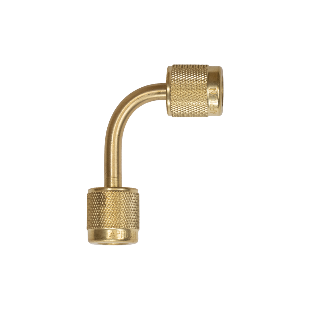 A gold-colored fitting with knurled ends  90 degree angle, labeled 'APPION,' against a black background.