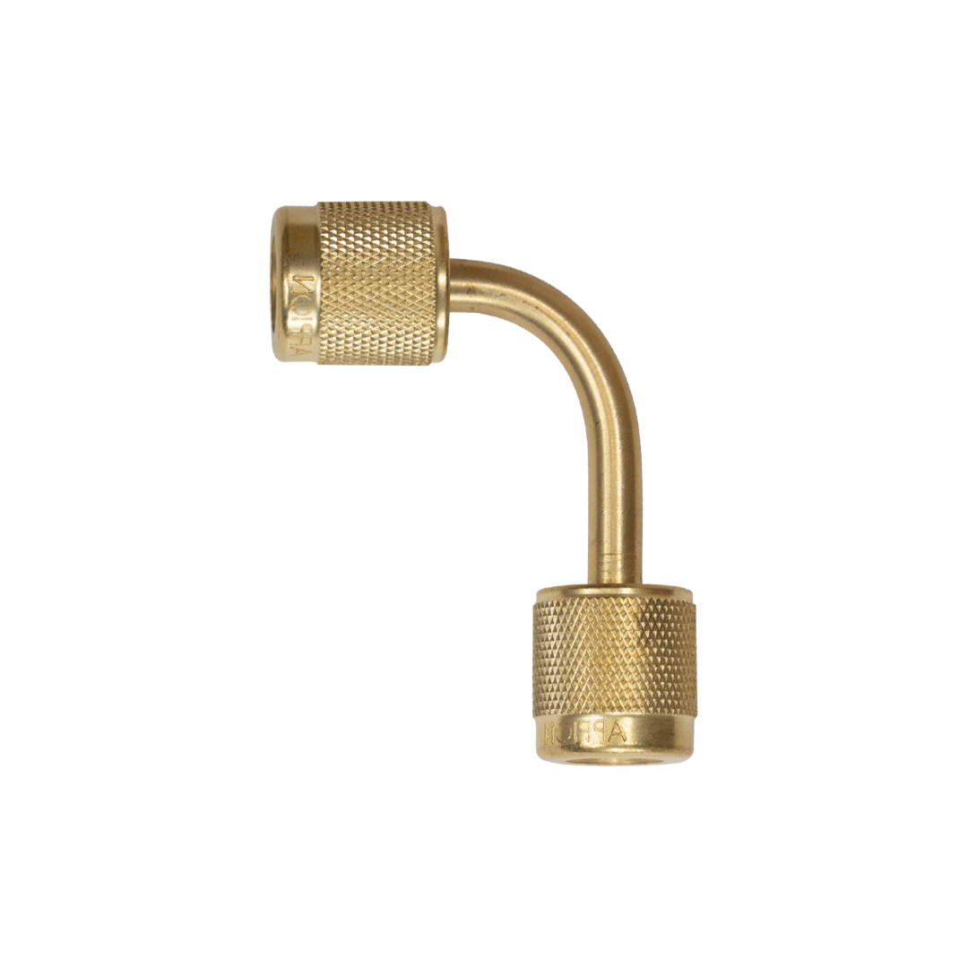 A gold-colored fitting with knurled ends  90 degree angle, labeled 'APPION,' against a black background.