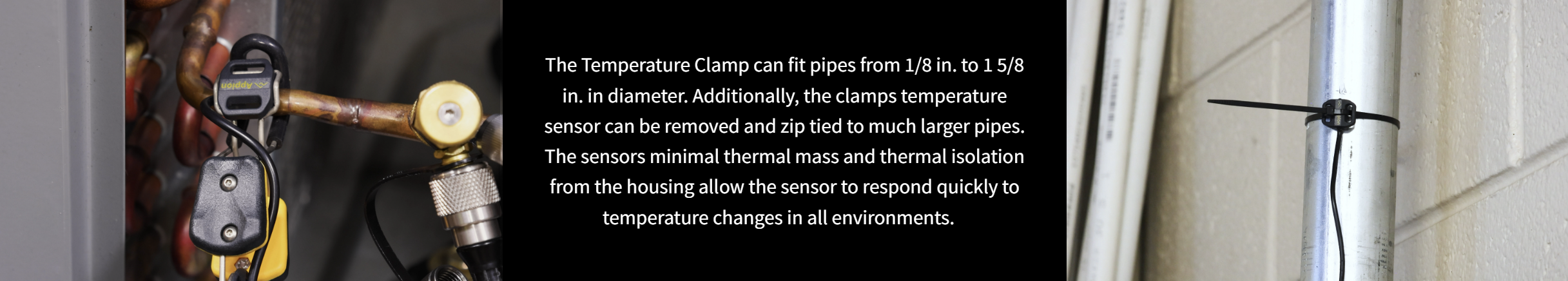 An image showing a pipe with a black temperature clamp attached, connected to a temperature sensor wire. The pipe is part of a plumbing setup with other pipes and valves visible. There is a black rectangle with white text explaining the temperature clamp and sensor details.