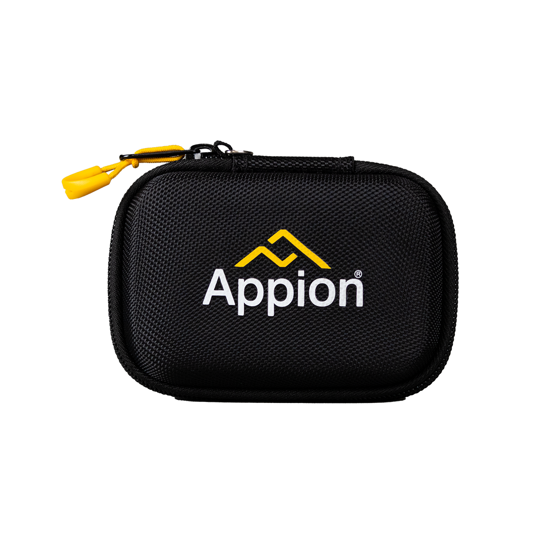 A black textured zippered carrying case with the Appion logo and yellow mountain design on the front.